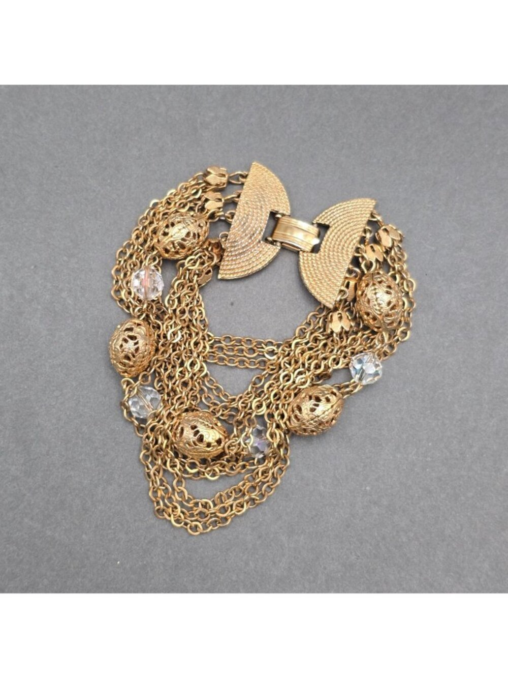 Vintage Gold Tone AB Crystal Multichain Necklace Bracelet Set Demi Parure - Picture 13 of 16